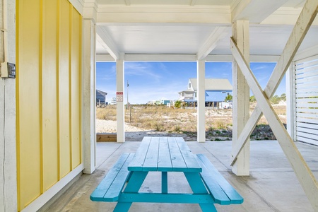 Picnic table under the home