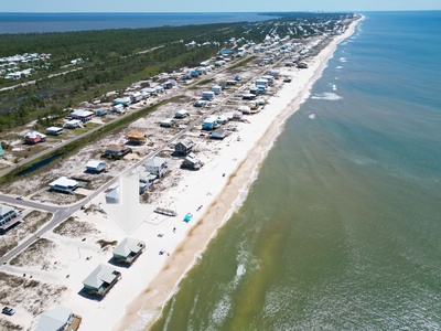 Birdseye view of the Ft Morgan peninsula looking east