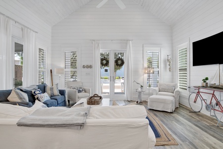 Large living space with cathedral ceilings