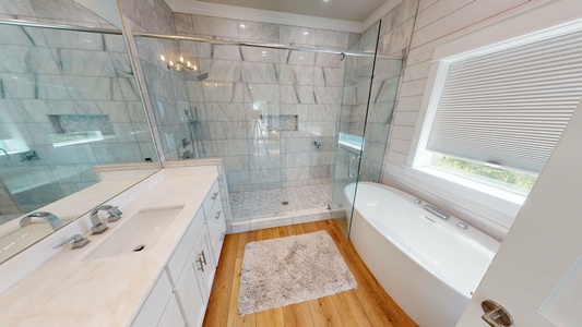 Private master bathroom with a walk-in shower and soaking  tub
