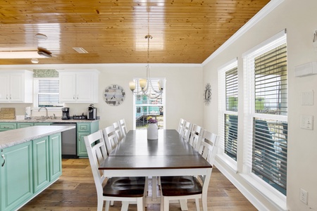 The dining table seats 8 guests