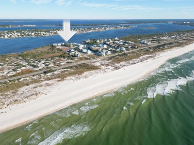 The beach is directly across from Blue Crab