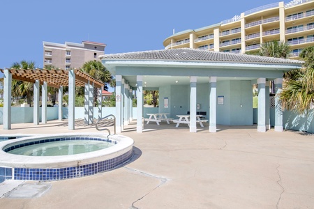 Covered picnic area and bathrooms