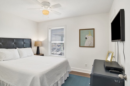 Bedroom 2 comes with a queen bed, ceiling fan and a TV