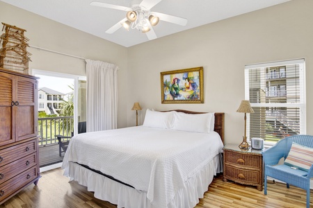 Bedroom 3 offers a private bathroom, balcony access, TV and King bed, sleeps 2