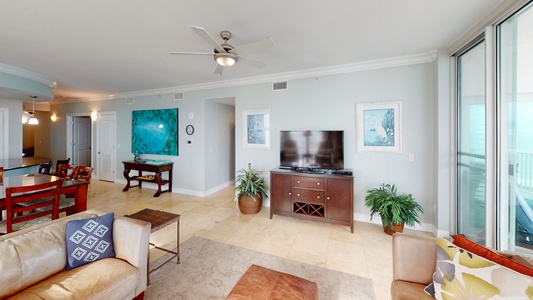 Large television in the open concept living area