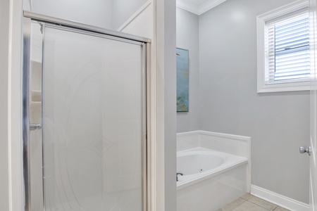 2nd floor Master bath has a soaking tub and a walk-in shower
