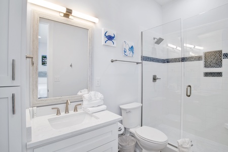 Summertime Blues I- private master bathroom has a walk-in shower