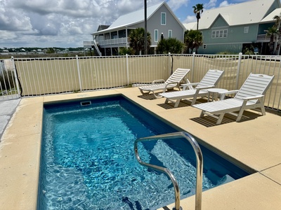 The pool can be heated during cooler months
