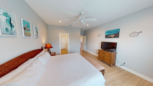 Master bedroom has a ceiling fan and a television