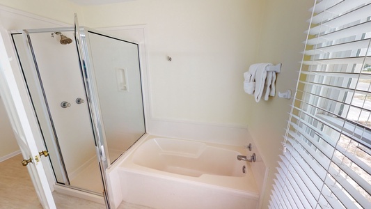 The master bathroom has a tub and a walk-in shower