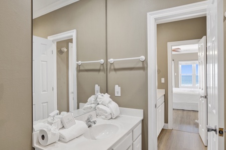 Jack and Jill style bathroom with tub/shower combo