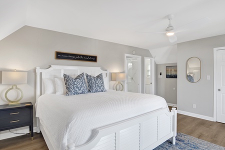 Bedroom 3, located upstairs offers a King bed and an attached, shared bathroom
