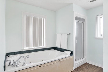 The master bath has a walk-in shower and a large soaking tub