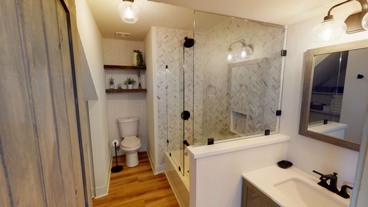 Downstairs bathroom with walk-in shower lower level