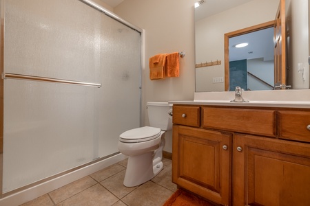 The fifth full bathroom on the lower level is easily accessible from every room