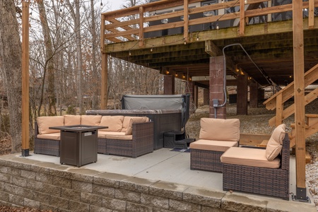 Below the deck the hot tub and hangout area is a special space for unwinding and connecting year round!