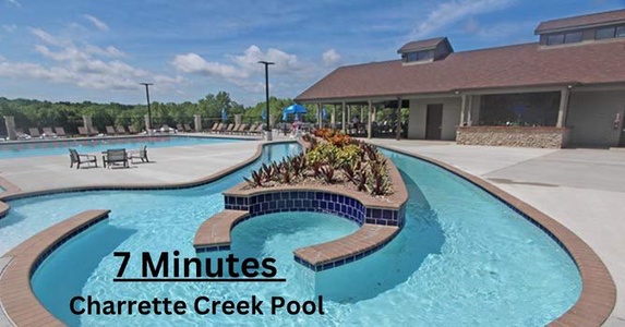 The spacious zero entry pool with a lazy river is a beautiful place for fun in the sun.
