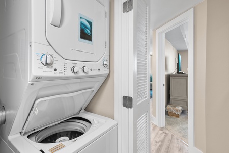 Your in-unit laundry closet keeps you fresh and comfortable throughout your stay, with full-sized washer and dryer ready whenever needed.