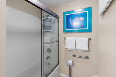 Refresh in your spotless bathroom with a spacious tub-shower combo and fluffy towels waiting for your arrival.