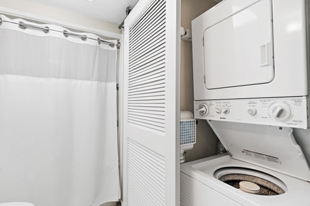 Convenient in-unit laundry with stacked washer and dryer ensures you can pack light and refresh your wardrobe whenever needed.