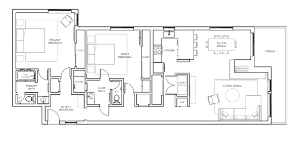 Floor plan of your vacation rental showcasing a spacious layout with two bedrooms, two bathrooms, a full kitchen, dining area, and inviting living space—perfect for planning your stay.