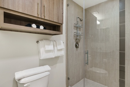 Get ready to conquer the day in the contemporary walk-in shower with stylish fixtures.