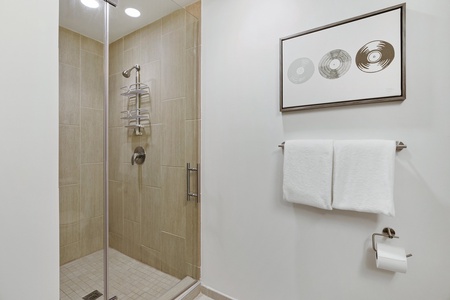 Rejuvenate in the contemporary walk-in shower with stylish fixtures.