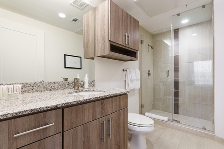 Freshen up in the sleek bathroom with complimentary toiletries.