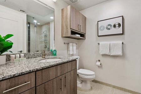 Experience luxury in the modern bathroom with complimentary toiletries.