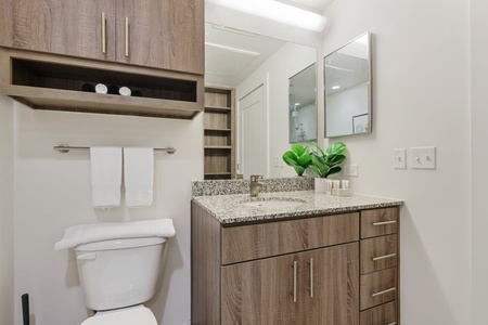 Revitalize in the sleek bathroom with complimentary toiletries.