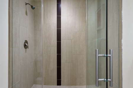 Revive in the modern walk-in shower with sleek fixtures.