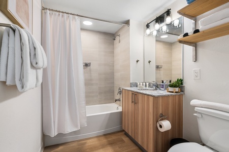 Your personal space to refresh and relax, complete with a tub and toilet.