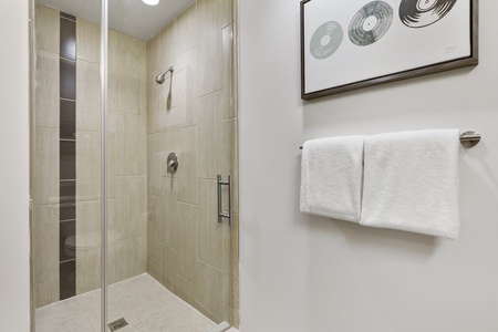 Rejuvenate in the contemporary walk-in shower with stylish fixtures.