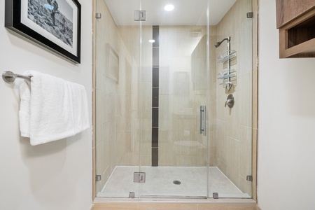 Begin anew in the contemporary walk-in shower with updated fixtures.