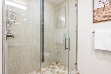 Revive in the modern walk-in shower with sleek fixtures.