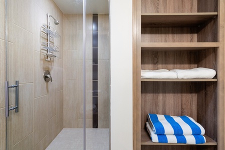 Feel invigorated in the modern walk-in shower with sleek fixtures.