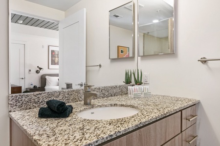 Start your morning refreshed in the stylish bathroom with complimentary toiletries.