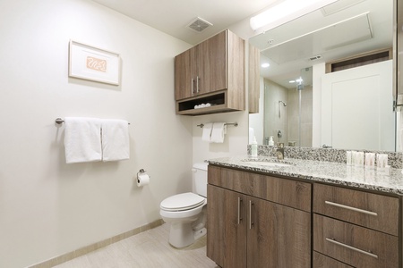 Revitalize in the sleek bathroom with complimentary toiletries.