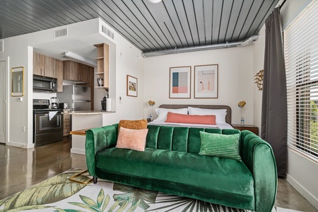 Rest easy on a memory foam bed in this comfortable bedroom.