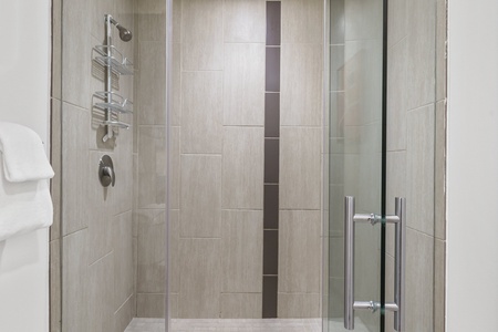 Feel invigorated in the modern walk-in shower with sleek fixtures.