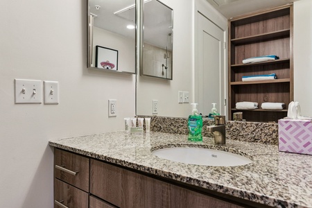 Experience luxury in the modern bathroom with complimentary toiletries.