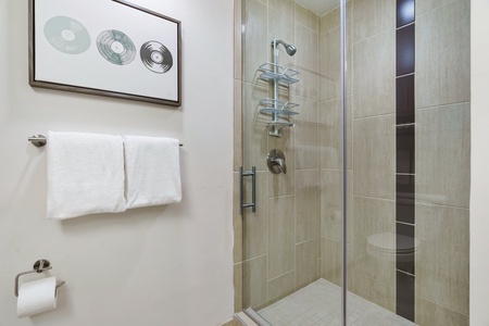 Rejuvenate in the contemporary walk-in shower with stylish fixtures.