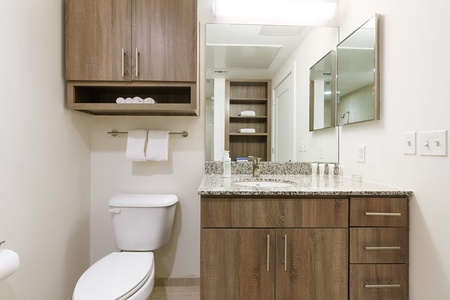 Experience luxury in the modern bathroom with complimentary toiletries.