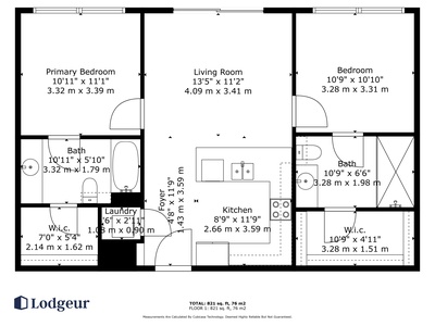 The apartment's floor plan. Each bedroom is the same size with their own en-suite bathroom and walk-in closet