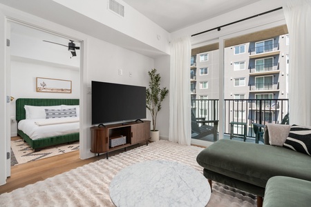 The apartment includes a 58" smart TV from Roku and a Bluetooth speak for your entertainment
