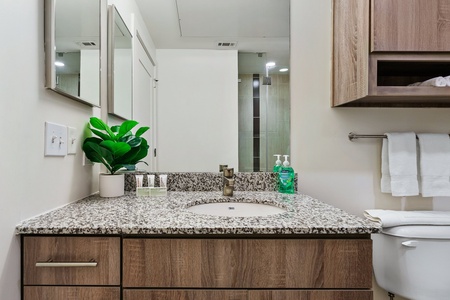 Start your day refreshed in the stylish bathroom with complimentary toiletries.