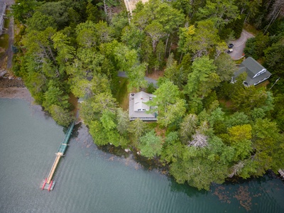 Water's Edge aerial of cottage and dock