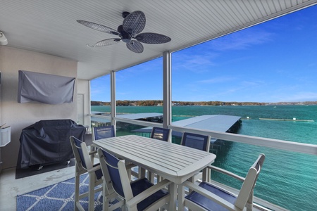 Dine with stunning lake views on your private covered terrace, where gentle breezes and sparkling waters create the perfect backdrop.