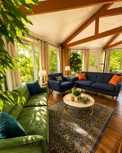 Unwind in your sunlit living room where floor-to-ceiling windows frame lush forest views and vaulted wood ceilings create an airy, elegant retreat.